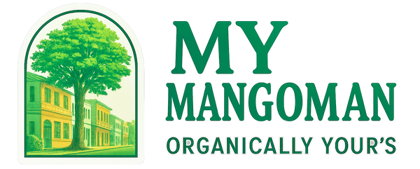 Logo of MY MANGOMAN with a tree and building illustration on a white background