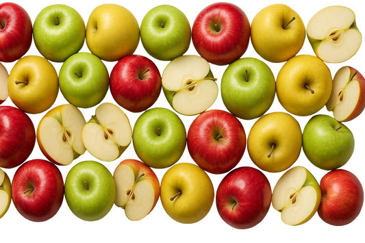 Assorted red, green, and yellow apples on a white background